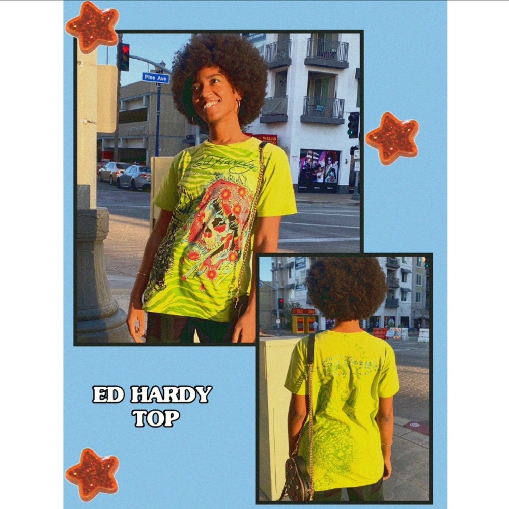 SOLD Vibrant green Ed Hardy t-shirt with metallic blue lettering